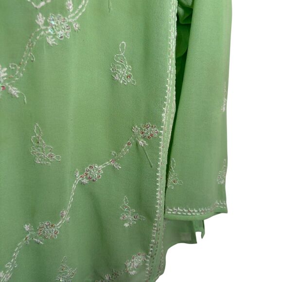 Chadwick's Blouse Women's 12 Green Embroidered Popover Sheer Top Boho Sequin - Picture 5 of 11